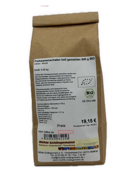 Flohsamenschalen hell gemahlen 500 g BIO