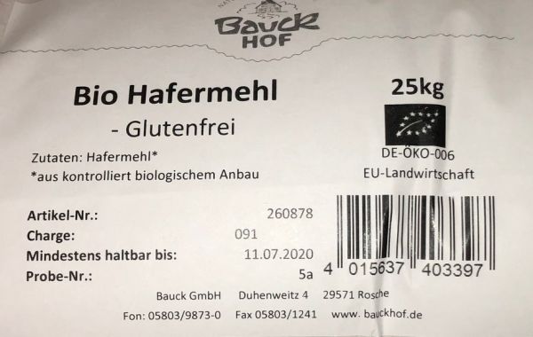 Hafermehl BIO 25 kg Glutenfrei